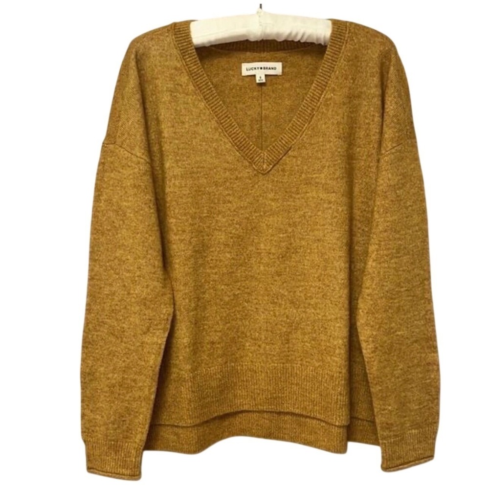 LUCKY Brand Mustard Yellow V-Neck Wool Blend Marled Knit Sweater Sz LARGE Granny